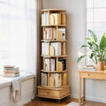 JVNOXK 6 Tier Rotating Bookshelf, 360 Display Round Spinning Bookshelf with Wheels and Drawer, Space-Saving, Small Space Wood