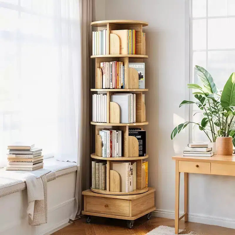 JVNOXK 6 Tier Rotating Bookshelf, 360 Display Round Spinning Bookshelf with Wheels and Drawer, Space-Saving, Small Space Wood