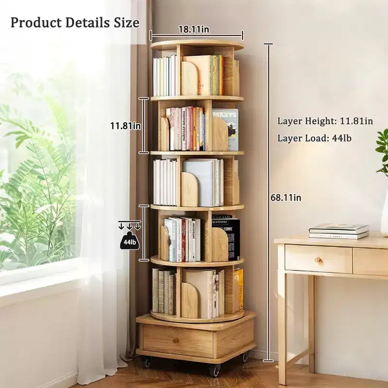 6 Tier Rotating Bookshelf, 360 Display Round Spinning Bookshelf with Wheels and Drawer, Space-Saving, Small Space Wood