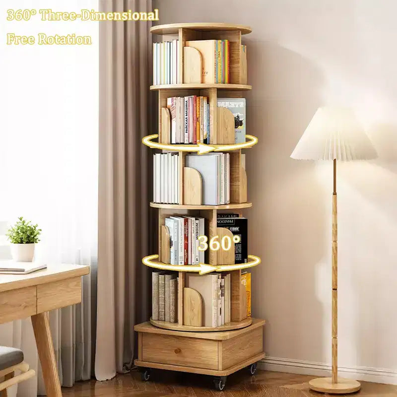 6 Tier Rotating Bookshelf, 360 Display Round Spinning Bookshelf with Wheels and Drawer, Space-Saving, Small Space Wood