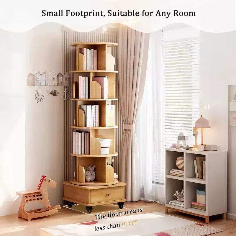 6 Tier Rotating Bookshelf, 360 Display Round Spinning Bookshelf with Wheels and Drawer, Space-Saving, Small Space Wood