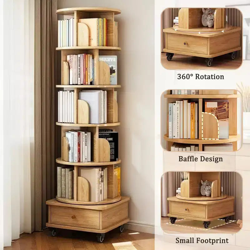 6 Tier Rotating Bookshelf, 360 Display Round Spinning Bookshelf with Wheels and Drawer, Space-Saving, Small Space Wood