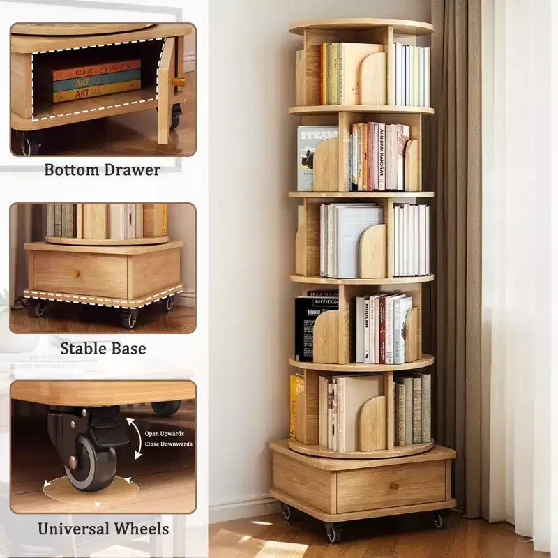 Étagère rotative à 6 niveaux, présentoir rotatif rond à 360° avec roulettes et tiroir, peu encombrant, petit espace en bois