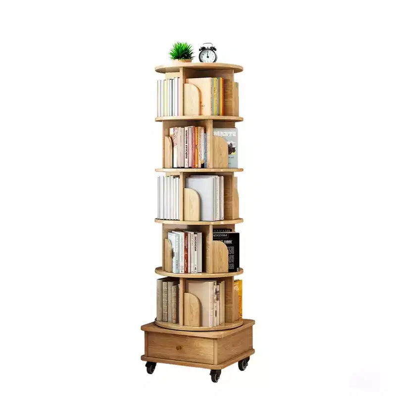 Étagère rotative à 6 niveaux, présentoir rotatif rond à 360° avec roulettes et tiroir, peu encombrant, petit espace en bois