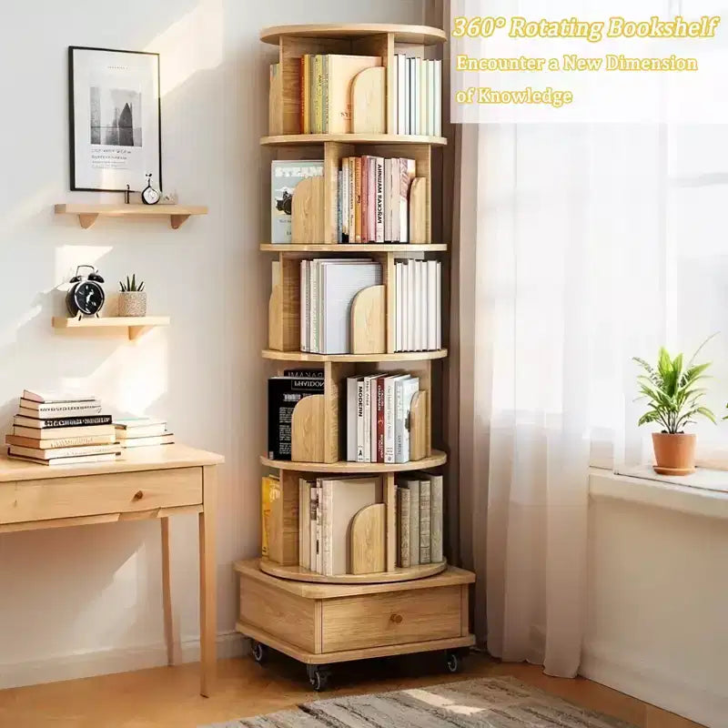 Étagère rotative à 6 niveaux, présentoir rotatif rond à 360° avec roulettes et tiroir, peu encombrant, petit espace en bois