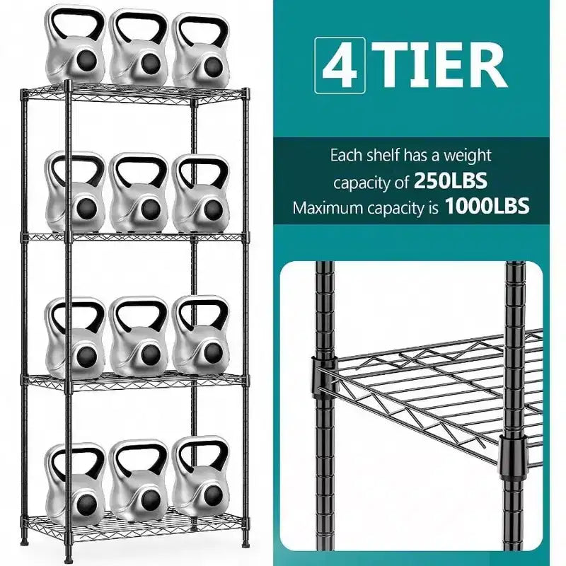 Étagères de rangement en acier noir à 4 niveaux, fil utilitaire robuste, organisateur de rack, maison, 453,6 kg, 33 cm P x 60 cm L x 135,6 cm H