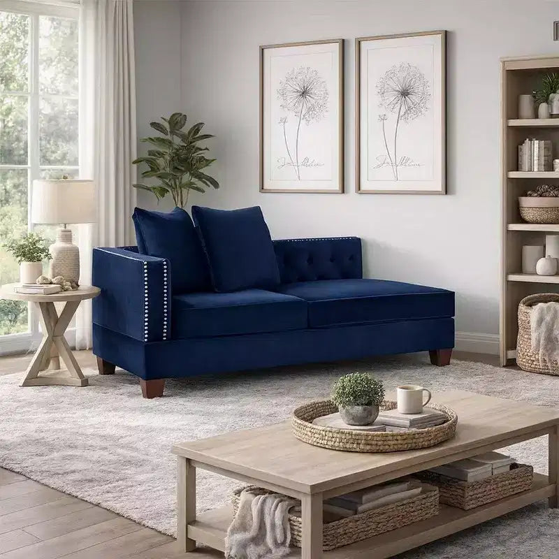 Royal Hampton 58 Inch One Arm Reversible Chaise, 2 Pillows, Nailhead Trim, Indigo
