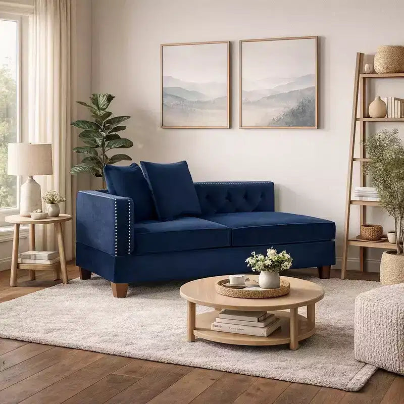 58 Inch One Arm Reversible Chaise, 2 Pillows, Nailhead Trim, Indigo