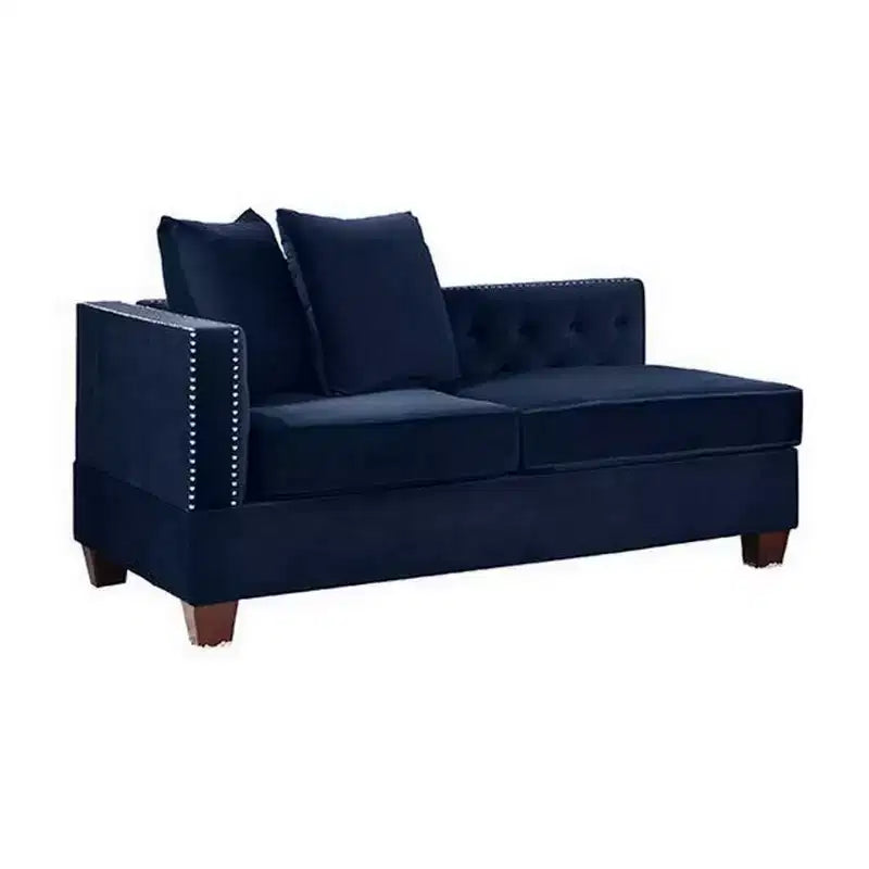 58 Inch One Arm Reversible Chaise, 2 Pillows, Nailhead Trim, Indigo