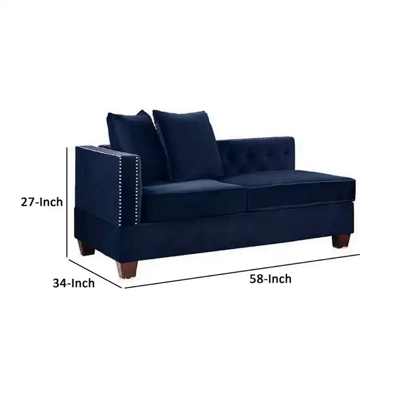 Chaise réversible 58 po à un bras, 2 oreillers, garniture cloutée, indigo