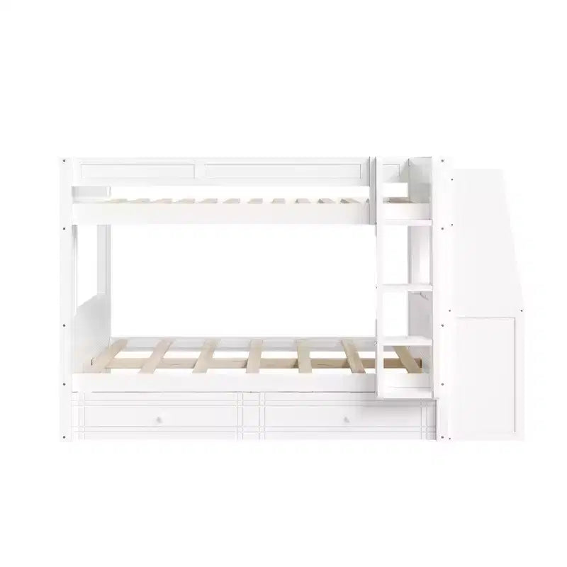 Lit superposé pleine grandeur et cadre de lit avec bureau et étagères, tiroirs, échelle