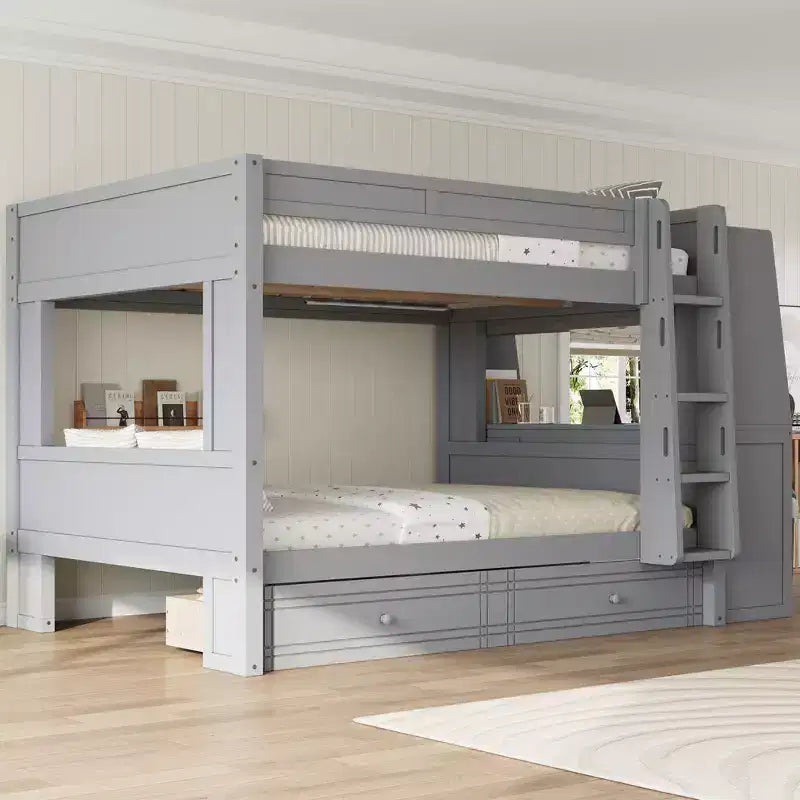 Full Size Bunk Bed & Bed Frame with Desk and Bookshelves, Drawers, Ladder
