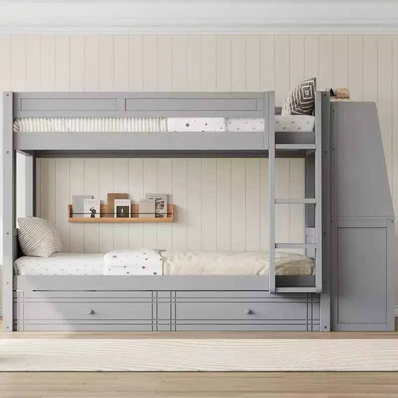 Full Size Bunk Bed & Bed Frame with Desk and Bookshelves, Drawers, Ladder