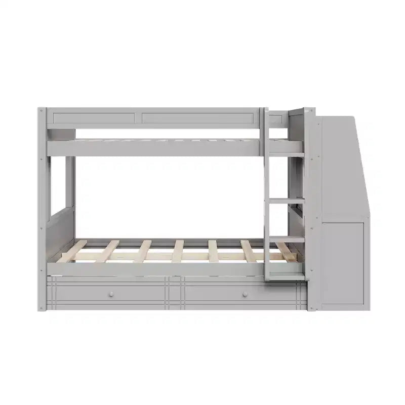 Full Size Bunk Bed & Bed Frame with Desk and Bookshelves, Drawers, Ladder