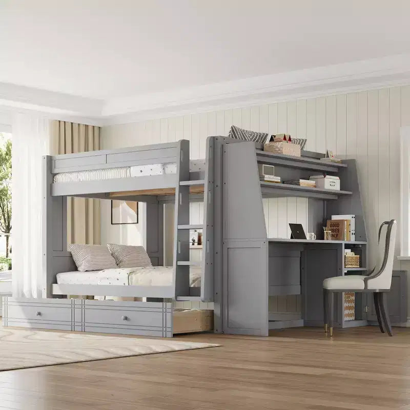 Whisen Full Size Bunk Bed & Bed Frame with Desk and Bookshelves, Drawers, Ladder