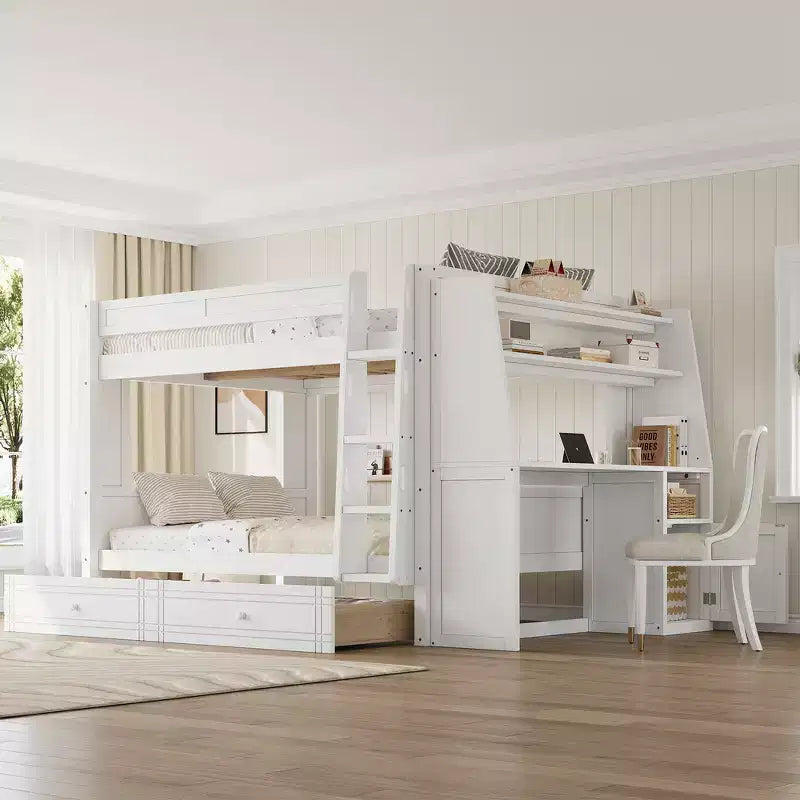 Full Size Bunk Bed & Bed Frame with Desk and Bookshelves, Drawers, Ladder