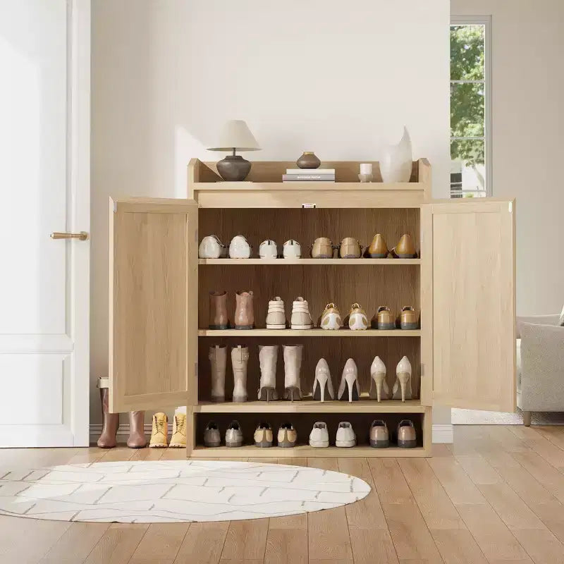 Meuble à chaussures en rotin, organisateur de rangement de chaussures en bois de style bohème avec étagères réglables pour entrée, couloir