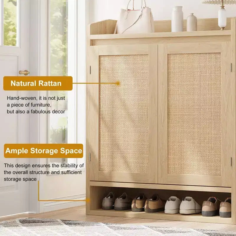 Meuble à chaussures en rotin, organisateur de rangement de chaussures en bois de style bohème avec étagères réglables pour entrée, couloir