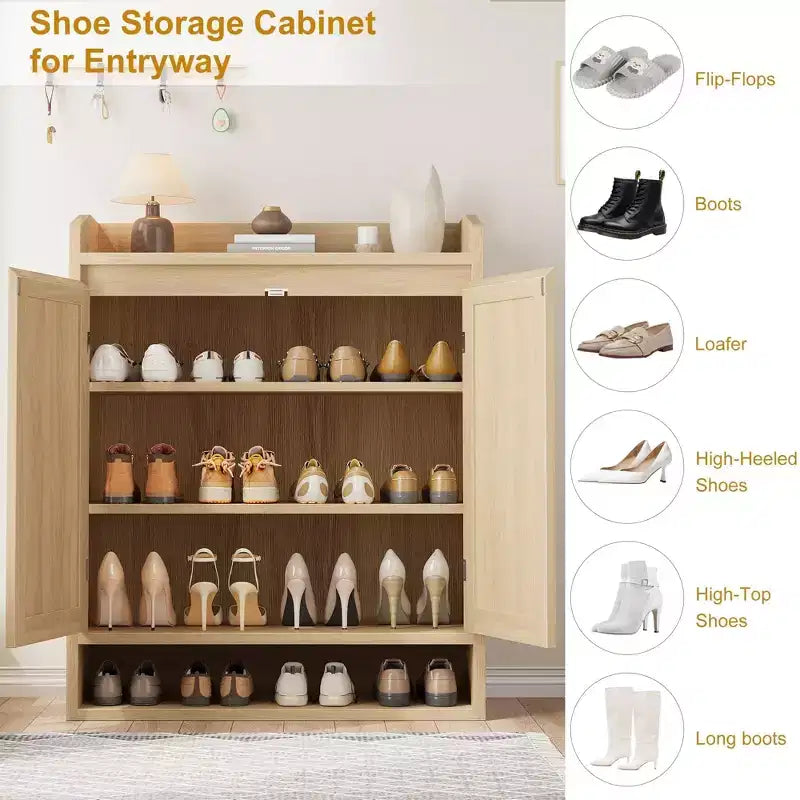 Meuble à chaussures en rotin, organisateur de rangement de chaussures en bois de style bohème avec étagères réglables pour entrée, couloir