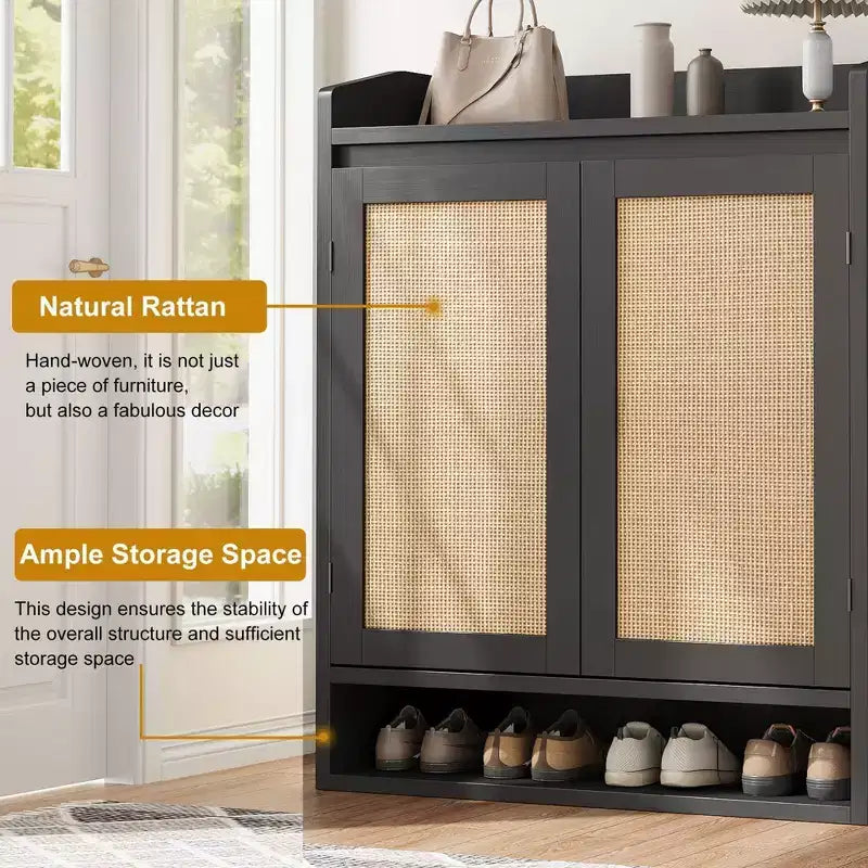 Meuble à chaussures en rotin, organisateur de rangement de chaussures en bois de style bohème avec étagères réglables pour entrée, couloir