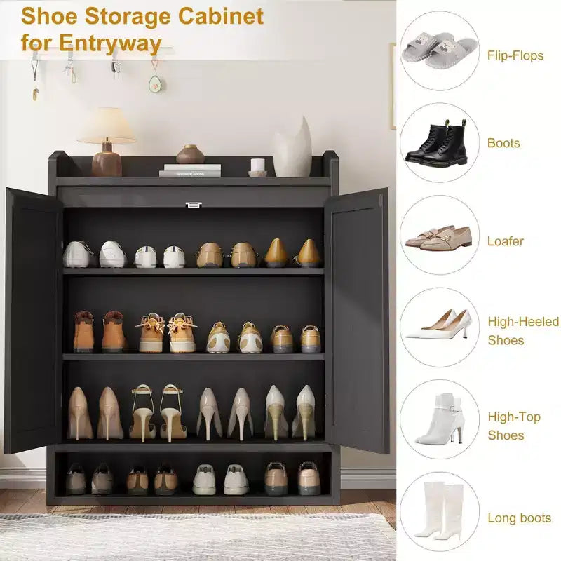 Meuble à chaussures en rotin, organisateur de rangement de chaussures en bois de style bohème avec étagères réglables pour entrée, couloir