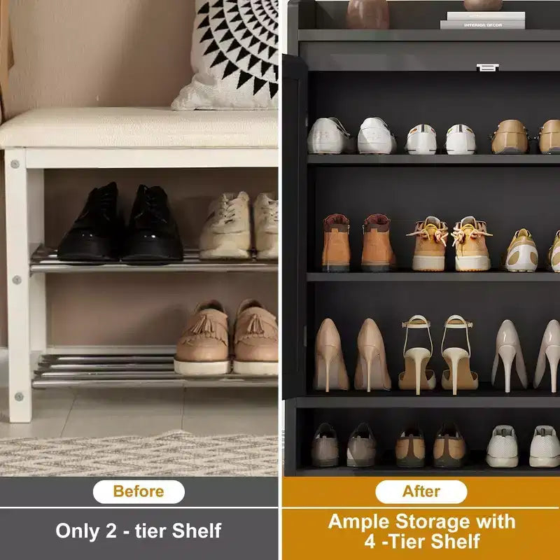 Rattan Shoe Cabinet, Boho Wooden Shoe Storage Organizer with Adjustable Shelves for Entryway, Hallway