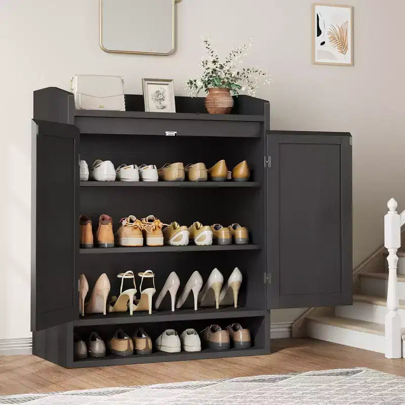 Meuble à chaussures en rotin, organisateur de rangement de chaussures en bois de style bohème avec étagères réglables pour entrée, couloir