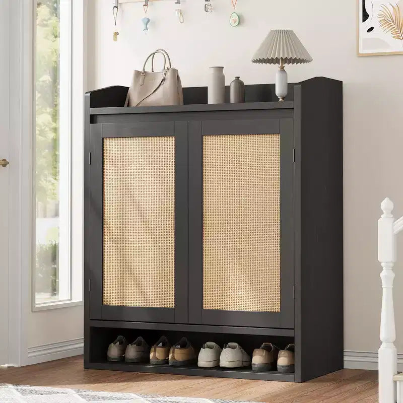 Rattan Shoe Cabinet, Boho Wooden Shoe Storage Organizer with Adjustable Shelves for Entryway, Hallway