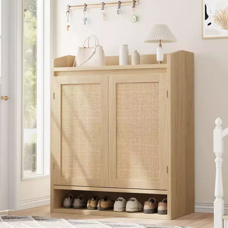 Rattan Shoe Cabinet, Boho Wooden Shoe Storage Organizer with Adjustable Shelves for Entryway, Hallway