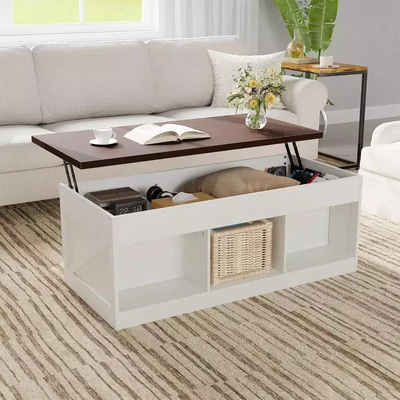 COZONY Coffee Table for Living Room with Lift Top and Storage, Square Industrial Design with X-Shaped Decor, Durable and Stylish, White