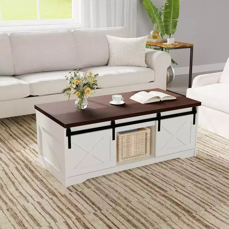 Coffee Table for Living Room with Lift Top and Storage, Square Industrial Design with X-Shaped Decor, Durable and Stylish, White