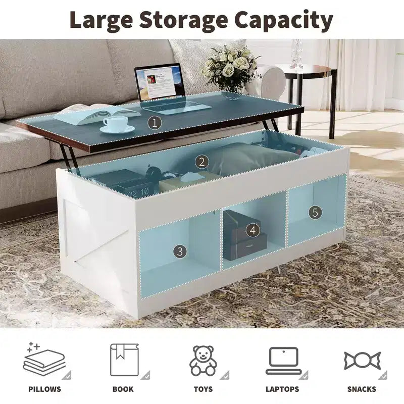 Coffee Table for Living Room with Lift Top and Storage, Square Industrial Design with X-Shaped Decor, Durable and Stylish, White