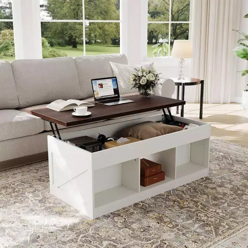 Table basse de salon avec plateau relevable et rangements, design industriel carré avec décor en X, durable et élégante, blanche