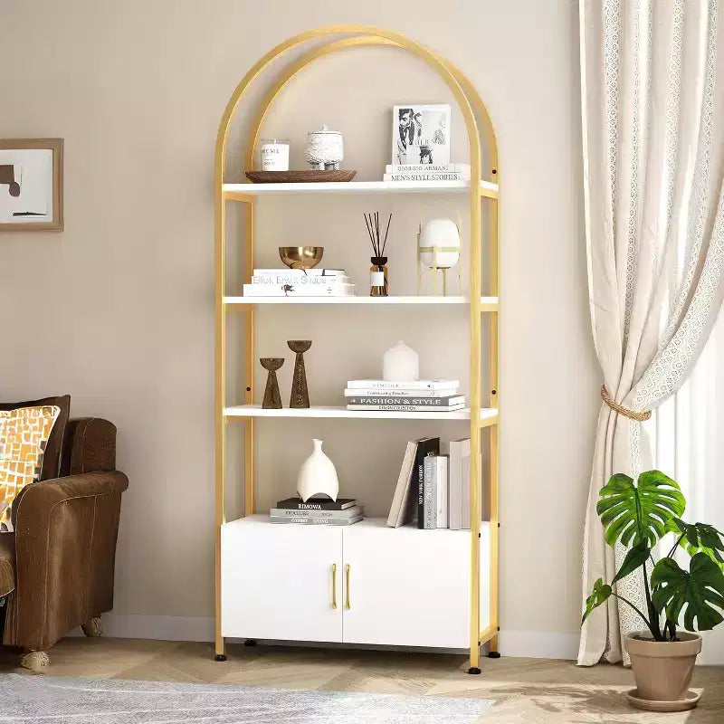 4 Tier Arched Bookshelf with Doors, 71.5 Inch Tall Industrial Metal Frame, Gold Open Curved Bookcase for Living Room Office