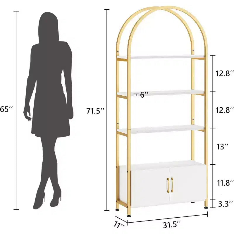 4 Tier Arched Bookshelf with Doors, 71.5 Inch Tall Industrial Metal Frame, Gold Open Curved Bookcase for Living Room Office