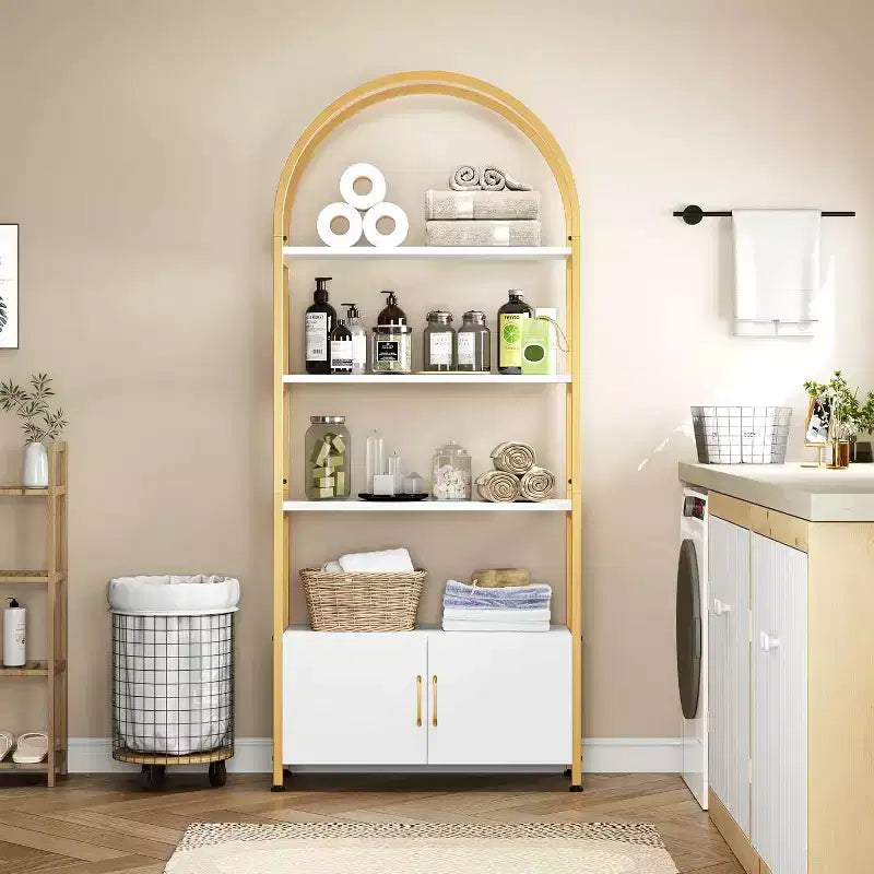 4 Tier Arched Bookshelf with Doors, 71.5 Inch Tall Industrial Metal Frame, Gold Open Curved Bookcase for Living Room Office