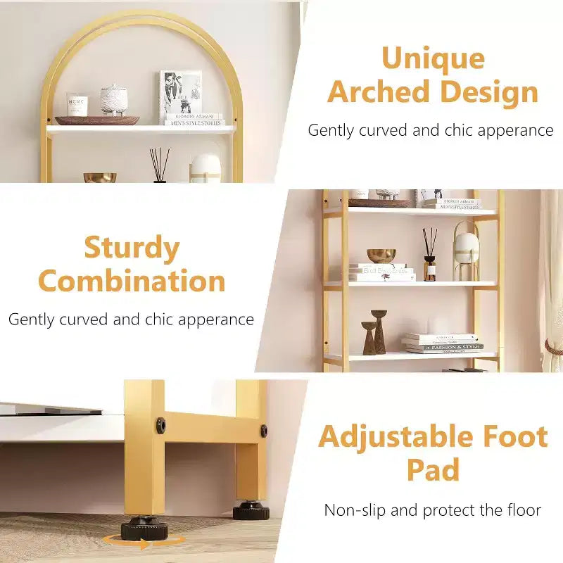 4 Tier Arched Bookshelf with Doors, 71.5 Inch Tall Industrial Metal Frame, Gold Open Curved Bookcase for Living Room Office