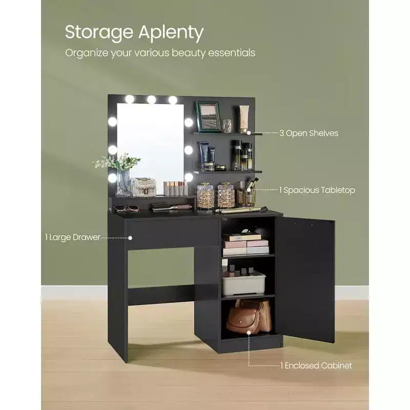 Coiffeuse avec miroir et lumières, meuble-lavabo de 90 cm de large avec/sans tabouret rembourré, prises électriques, tiroir de rangement, noir encre