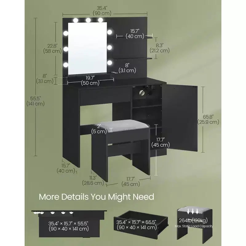Coiffeuse avec miroir et lumières, meuble-lavabo de 90 cm de large avec/sans tabouret rembourré, prises électriques, tiroir de rangement, noir encre