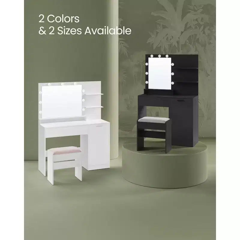 Coiffeuse avec miroir et lumières, meuble-lavabo de 90 cm de large avec/sans tabouret rembourré, prises électriques, tiroir de rangement, noir encre