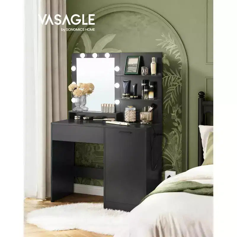 Coiffeuse avec miroir et lumières, meuble-lavabo de 90 cm de large avec/sans tabouret rembourré, prises électriques, tiroir de rangement, noir encre