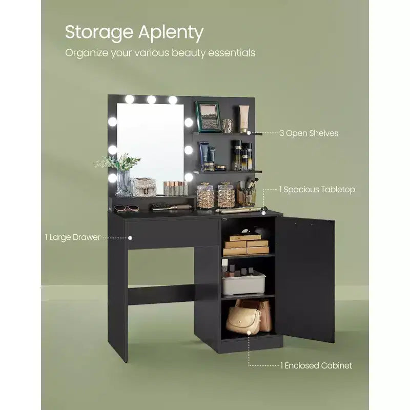 Coiffeuse avec miroir et lumières, meuble-lavabo de 90 cm de large avec/sans tabouret rembourré, prises électriques, tiroir de rangement, noir encre