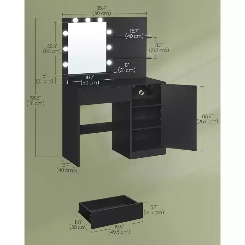 Coiffeuse avec miroir et lumières, meuble-lavabo de 90 cm de large avec/sans tabouret rembourré, prises électriques, tiroir de rangement, noir encre