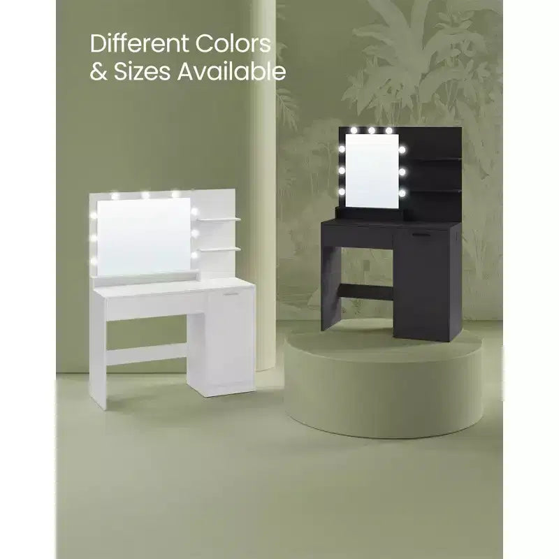 Coiffeuse avec miroir et lumières, meuble-lavabo de 90 cm de large avec/sans tabouret rembourré, prises électriques, tiroir de rangement, noir encre