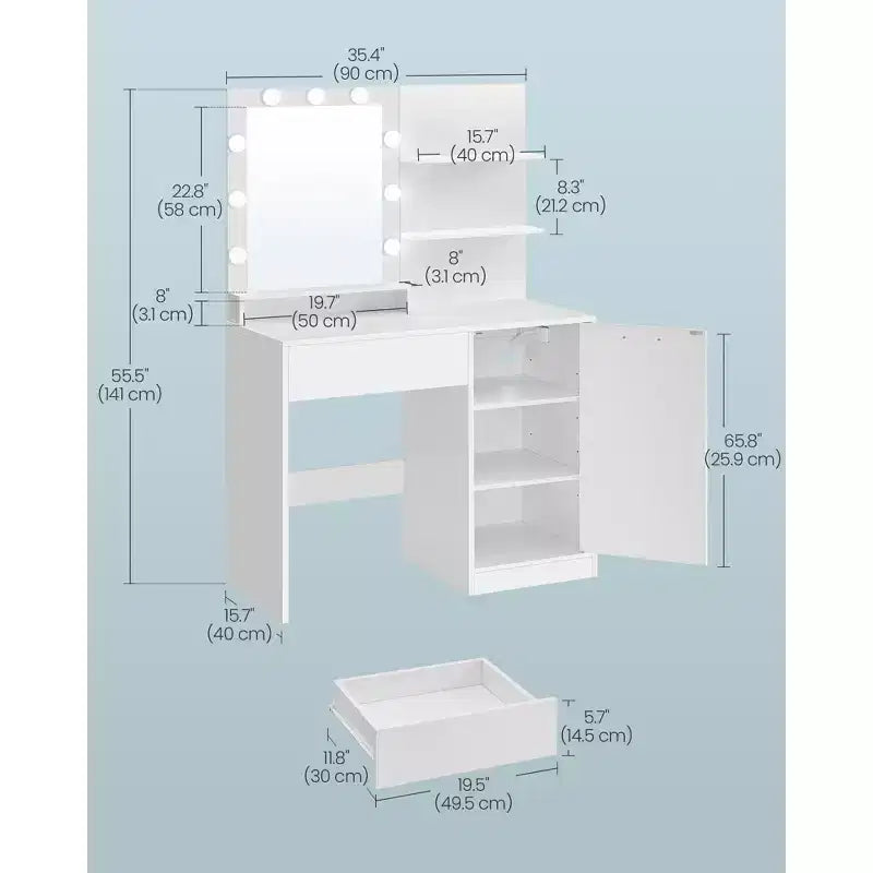 Coiffeuse avec miroir et lumières, meuble-lavabo de 90 cm de large avec/sans tabouret rembourré, prises électriques, tiroir de rangement, noir encre