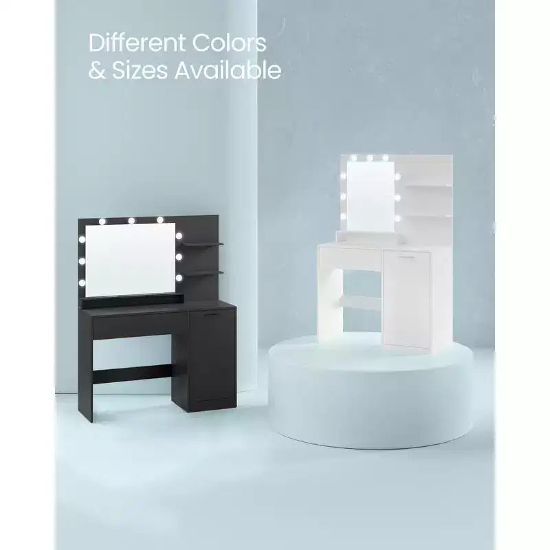 Coiffeuse avec miroir et lumières, meuble-lavabo de 90 cm de large avec/sans tabouret rembourré, prises électriques, tiroir de rangement, noir encre