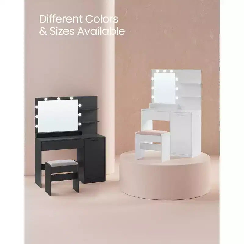 Coiffeuse avec miroir et lumières, meuble-lavabo de 90 cm de large avec/sans tabouret rembourré, prises électriques, tiroir de rangement, noir encre