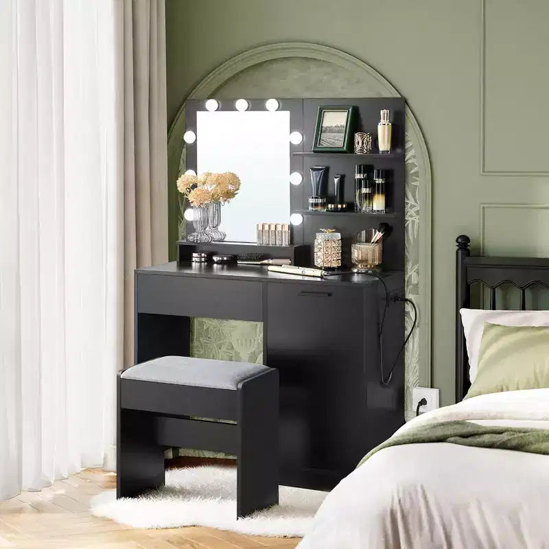 Coiffeuse avec miroir et lumières, meuble-lavabo de 90 cm de large avec/sans tabouret rembourré, prises électriques, tiroir de rangement, noir encre
