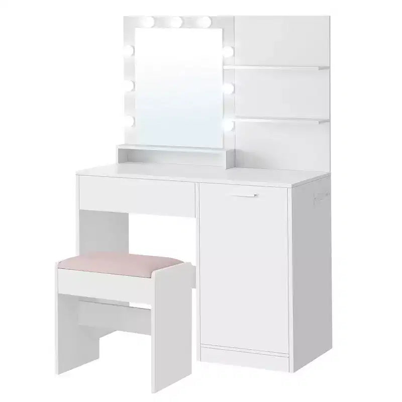 VASAGLE Vanity Desk with Mirror and Lights,35.4-Inch Wide Makeup Vanity with/without Upholstered Vanity Stool,Power Outlets,Storage Drawer,Ink Black