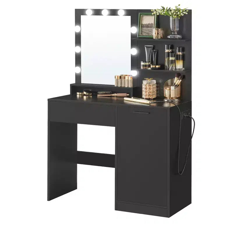 Vanity Desk with Mirror and Lights,35.4-Inch Wide Makeup Vanity with/without Upholstered Vanity Stool,Power Outlets,Storage Drawer,Ink Black